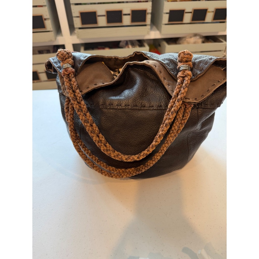 The Sak Dark Brown Pebbled Leather Hobo Bag Braided Strap Slouchy Bucket Tote - Picture 5 of 16